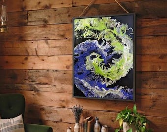 Neon Tide - Original Acrylic Pour Painting 12x16 | Lime Green Violet Abstract Wall Art | Gallery Wrapped Canvas | Fluid Art Decor