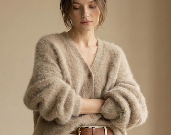 Cárdigan de efecto mohair esponjoso para mujer: suéter extragrande de punto suave con botones, cárdigan de invierno acogedor, 7 colores