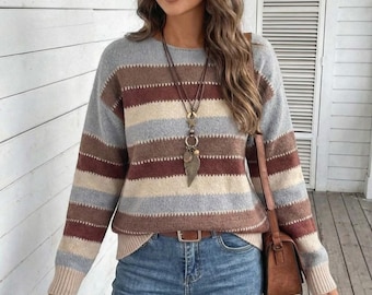 Suéter de punto a rayas para mujer, jersey informal y acogedor, top de punto suave de manga larga, suéter de diario para otoño e invierno.