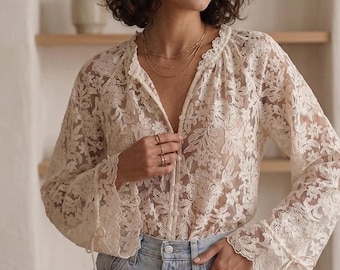 Blusa vintage de encaje floral – Top bohemio romántico transparente – Camisa con botones al frente