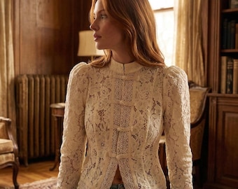 Blusa de encaje vintage, top romántico de estilo victoriano, camisa elegante de estilo cottagecore