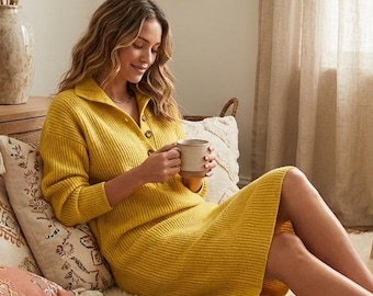 Vestido de punto acanalado con cuello abotonado y manga larga para invierno