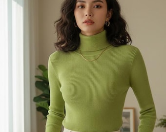 Suéter de cuello alto de punto acanalado – Jersey ajustado de manga larga