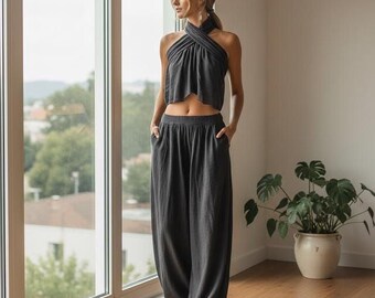 Conjunto bohemio de verano: Top sin mangas de mezcla de lino y pantalones anchos (tallas XS-2XL)