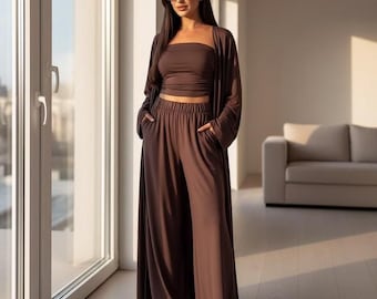 Casual Three-Piece Set: Mid-Calf Cardigan, Vest Top & Wide Leg Pants