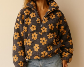 Suéter de polar sherpa floral • Sudadera con capucha acogedora con media cremallera