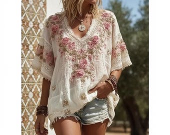 Blusa bohemia con escote en V: Estampado artístico en 3D (Tallas grandes S-5XL)