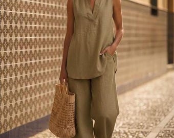 Conjunto de verano de algodón y lino: top sin mangas con escote en V y pantalón de pierna ancha.
