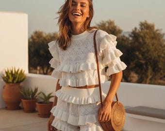 Shorts mit Rüschenbesatz: Strick mit hoher Taille - Slim Fit-Sommerstil