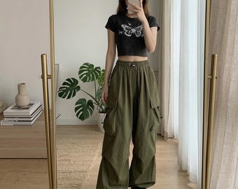 Y2K Cargo Pants Women, Baggy Wide Leg Trousers, Streetwear Style Polyester