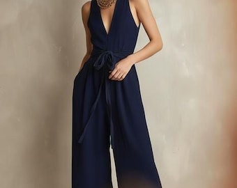 Women's Elegant Jumpsuit - Sleeveless V-Neck, Wide Leg Pants
