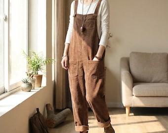 Peto de pana para mujer / Mono holgado / Mono informal estilo vintage / Conjunto cómodo para el día a día