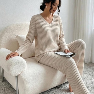 Conjunto de ropa de estar por casa de punto acanalado - Pantalones anchos y cuello en V suave para mujer