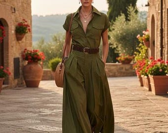 Vestido camisero verde oliva, con bolsillos, corte en A, largo maxi (tallas S-XXL para mujer)