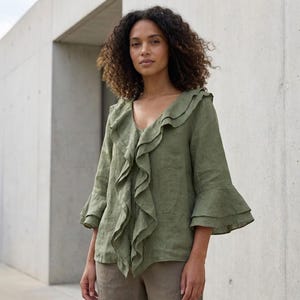 Linen Look Ruffle Blouse – Relaxed Fit Boho Top