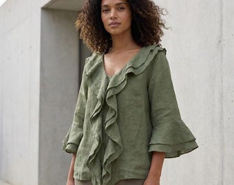 Blusa con volantes de efecto lino: top bohemio de corte relajado