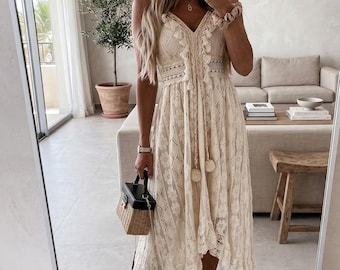 Vestido largo bohemio de encaje, romántico vestido playero de verano, con tirantes finos y vaporoso para vacaciones.