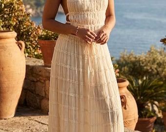 Conjunto de top corto con cuello halter y falda larga para mujer: conjunto de dos piezas de verano, conjunto fluido con textura, ropa de playa y vacaciones.