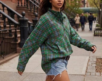 Camisa de cuadros extragrande con cremallera, jersey de tartán, ropa urbana de otoño