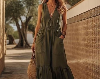 Vestido vintage de corte A: Cierre de botones, mangas abullonadas (tallas S a XXL)