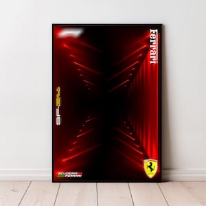 Peut inclure: A framed poster with a red and black abstract design, the Ferrari logo, and the word "Ferrari" in white. The poster also features the text "SF-24" and the Scuderia Ferrari logo.