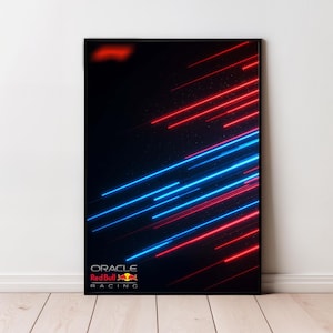 Könnte beinhalten: Ein gerahmtes Poster mit einem dunklen Hintergrund und roten und blauen Neonlinien. Das Oracle Red Bull Racing-Logo befindet sich unten. Das Poster wird an einer weißen Wand über einem Holzboden angezeigt.