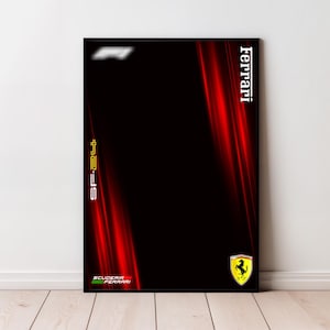 Peut inclure: Une affiche Ferrari SF-24 noire et rouge. L'affiche présente le logo Ferrari et le texte "Ferrari" en blanc. Le texte SF-24 est en or. Le logo Scuderia Ferrari est en bas à gauche.
