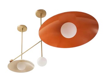 Mid Century Modern Linear Chandelier, Brass Enamel & Walnut Pendant Light, Italian Statement Lighting for Dining Room or Kitchen Island