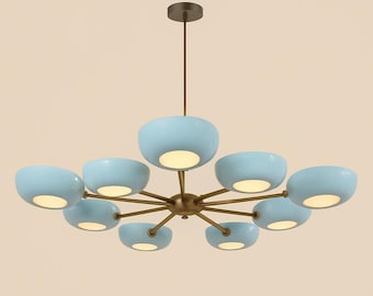 May include: A modern chandelier with ten light fixtures. Each light fixture is a light blue bowl shape with a warm light. The central stem and arms are a bronze color. The light fixtures are arranged in a circular pattern.