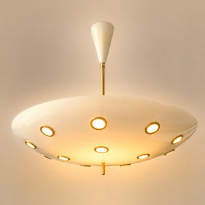 Mid Century Modern UFO Chandelier, Large White Disc Pendant Light Brass Ceiling Fixture, Stilnovo Inspired Lighting, Modern Dining Room Lamp