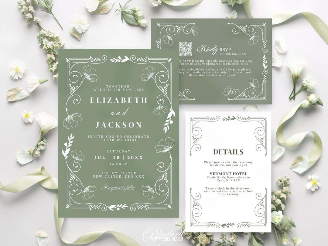 Sage Green Botanical Wedding Invitation Suite | Editable Canva Template ...
