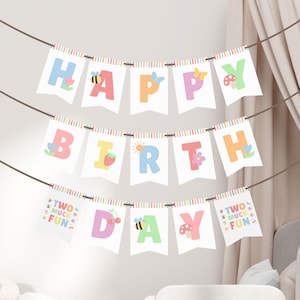 Könnte beinhalten: Ein dreistufiges Partybanner mit weißen Wimpeln und pastellfarbenen Buchstaben, die HAPPY BIRTH DAY buchstabieren. Die Wimpel sind mit Illustrationen von Bienen, Schmetterlingen, Pilzen, Blumen, Erdbeeren und Kirschen verziert, mit dem Text TWO MUCH FUN an den Enden.