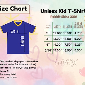 May include: A blue unisex kid's t-shirt with a yellow collar and sleeve trim, size chart, and product details. The size chart shows measurements in inches for sizes 2T to 5/6T. The shirt is made of 100% combed, ring-spun cotton and has a classic fit.