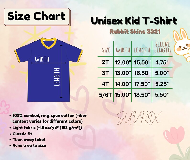 May include: A blue unisex kid's t-shirt with a yellow collar and sleeve trim, size chart, and product details. The size chart shows measurements in inches for sizes 2T to 5/6T. The shirt is made of 100% combed, ring-spun cotton and has a classic fit.