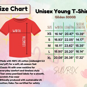 May include: A red Unisex Young T-Shirt with a size chart. The chart lists measurements in inches for width, length, and sleeve length for sizes XS to XL. The shirt is made of 100% US cotton.