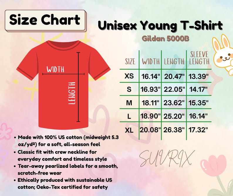 May include: A red Unisex Young T-Shirt with a size chart. The chart lists measurements in inches for width, length, and sleeve length for sizes XS to XL. The shirt is made of 100% US cotton.