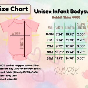 May include: A pink unisex infant bodysuit size chart with measurements in inches. The chart includes sizes from 0-3 months to 24 months, with width, length, and sleeve length measurements. The bodysuit is made of 100% combed ringspun cotton.