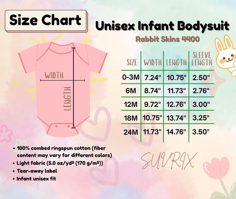 May include: A pink unisex infant bodysuit size chart with measurements in inches. The chart includes sizes from 0-3 months to 24 months, with width, length, and sleeve length measurements. The bodysuit is made of 100% combed ringspun cotton.