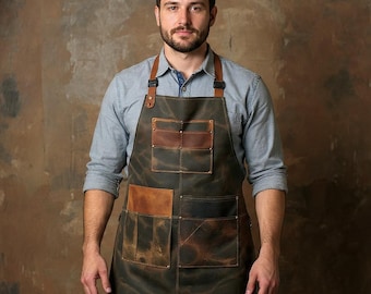 Handmade Waxed Canvas Leather Apron, Full-Grain BBQ Chef Working Apron,Brown Tool Pockets
