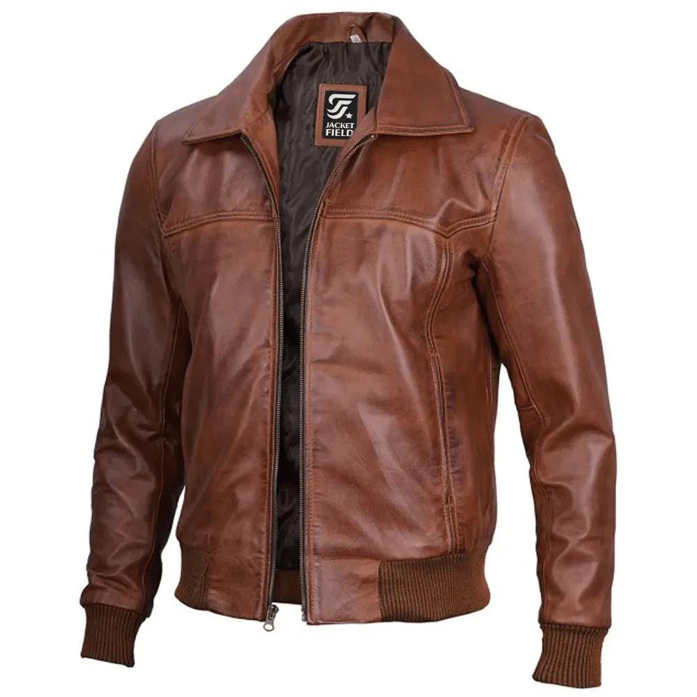 Men's Handmade Brown Lambskin Leather Bomber Jacket: Vintage