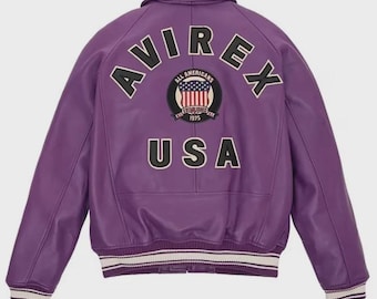 Men's Purple Avirex Leather Jacket, Handmade USA Iconic Vintage Jacket, American Flight Bomber Coat
