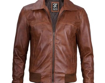 Men's Handmade Brown Lambskin Leather Bomber Jacket: Vintage