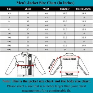 May include: A black and white jacket size chart with measurements in inches. The chart includes sizes XS to 6XL, with chest, waist, shoulder, and sleeve length measurements. Diagrams illustrate chest, waist, and sleeve locations. Text at the bottom advises adding 10 cm to the chest measurement.
