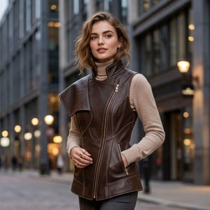 Peut inclure: Un gilet en cuir marron foncé doté d'une fermeture éclair asymétrique sur le devant, d'un col montant et de panneaux structurés. Le gilet est porté sur un pull à col roulé beige à manches longues avec des poignets côtelés et des coutures visibles.