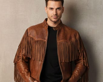 Men's Fringe Brown Leather Jacket, Handmade Western Cowboy Winter Outerwear, Retro Tassel Coat