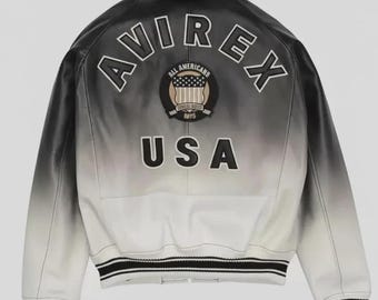 Black & Grey Gradient Avirex Leather Jacket, Handmade USA Vintage Bomber,  American Flight Iconic Outerwear
