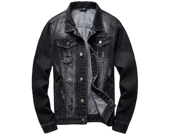 Unisex Black Denim Trucker Jacket, Ripped Frayed Hem, Vintage Jeans Style Jacket,
