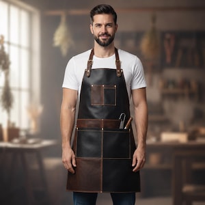 Könnte beinhalten: Eine schwarze und braune Lederschürze mit verstellbaren Schulterriemen mit Metallschnallen, einem weißen T-Shirt darunter und mehreren Vordertaschen mit sichtbaren Nähten. Die Schürze enthält ein kleines Metallwerkzeug in einer Tasche.