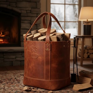 Op de afbeelding: Een bruinleren houtdrager gevuld met brandhout. De drager heeft twee handvatten en is voorzien van een bladerenmotief en het woord "GLAZE". De drager staat op een patroonkleed bij een open haard.