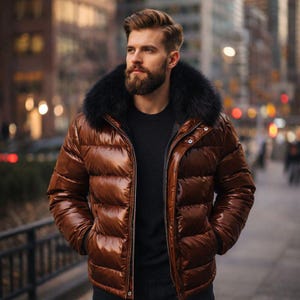 May include: A brown puffer jacket with a black fur collar. The jacket has a shiny, quilted appearance and a zipper closure. The background is blurred, suggesting an outdoor setting.